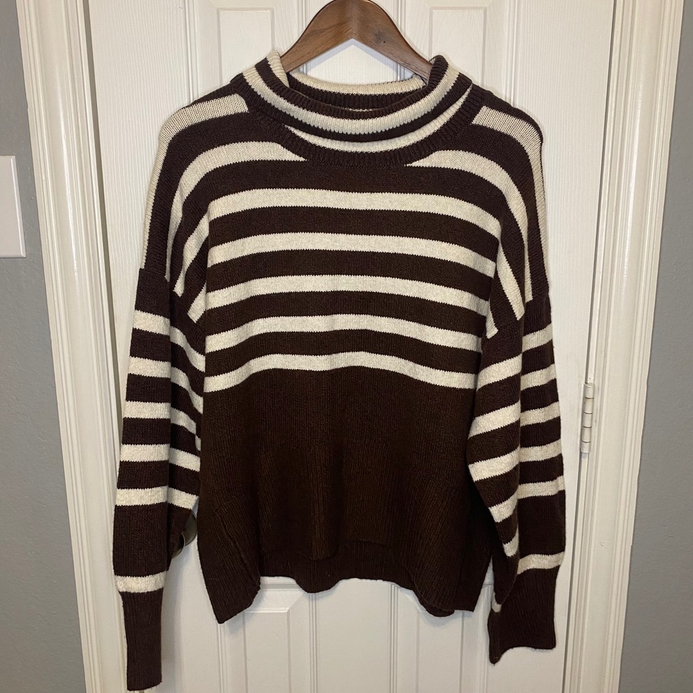 A New Day Womens XL Brown Cream Striped Mock‎ Neck Knit Sweater Oversized
